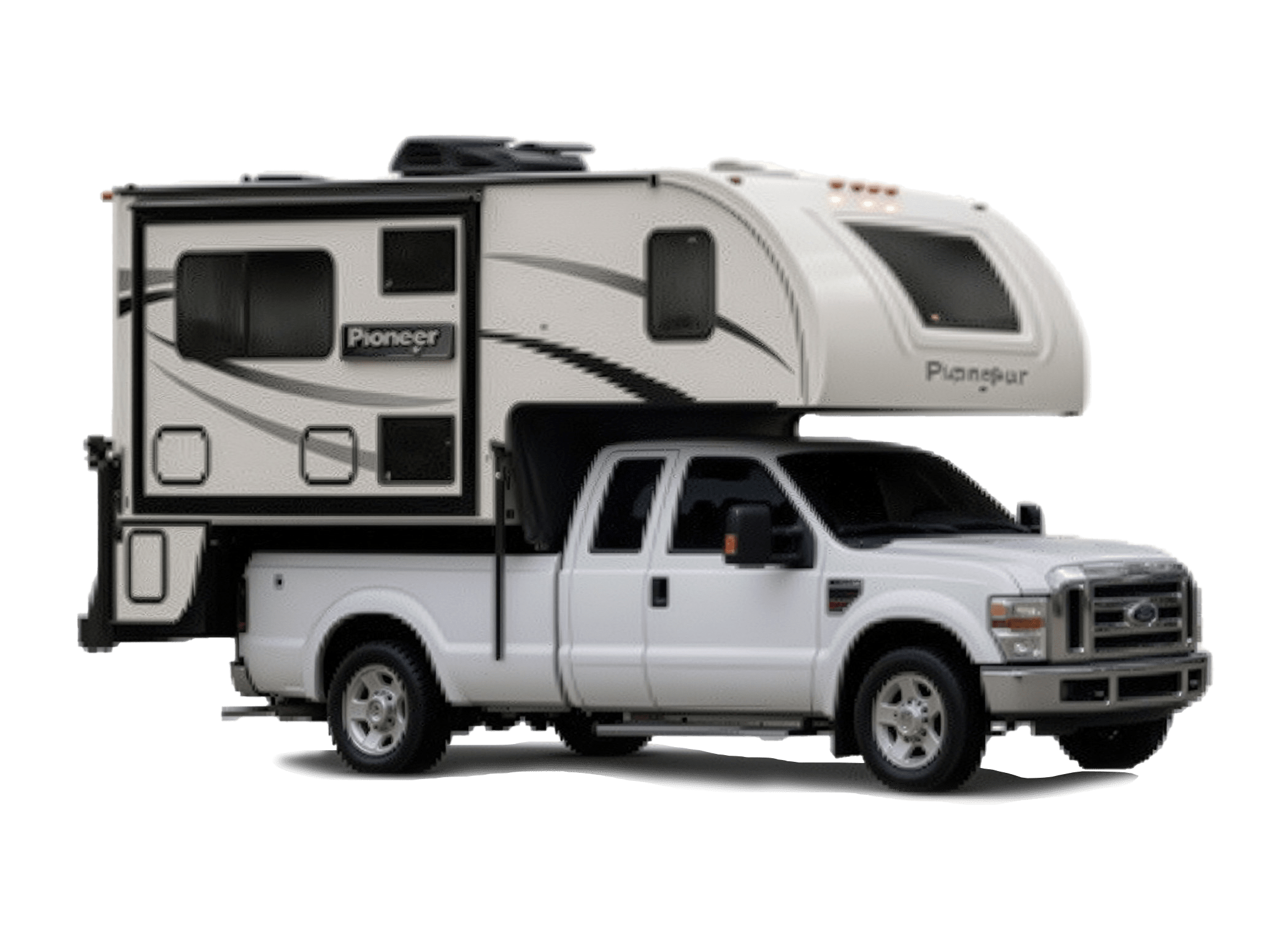 A white pickup truck with a mounted Pioneer camper, showcasing an ideal setup for camping and travel adventures.