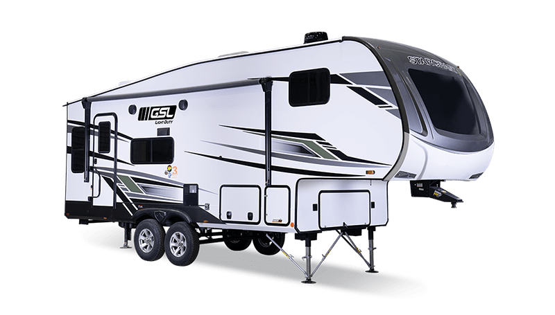 Lightweight GSL fifth-wheel camper with sleek design and large front window, showcasing modern features for comfortable travel.