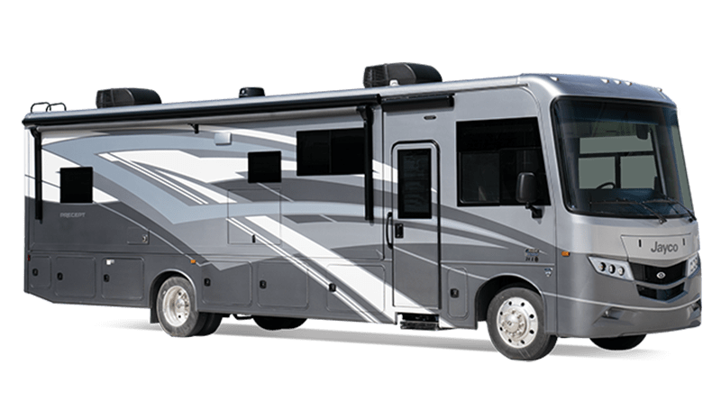 Sleek gray Jayco RV showcasing a modern design, ideal for travel enthusiasts seeking comfort and adventure on the road.
