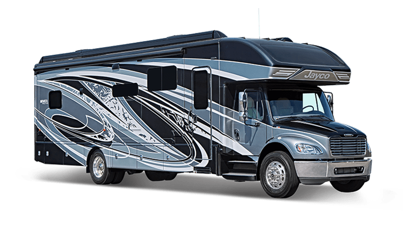 A sleek Jayco motorhome with a striking black and silver design showcases its spacious exterior, ideal for road trips and outdoor adventures.