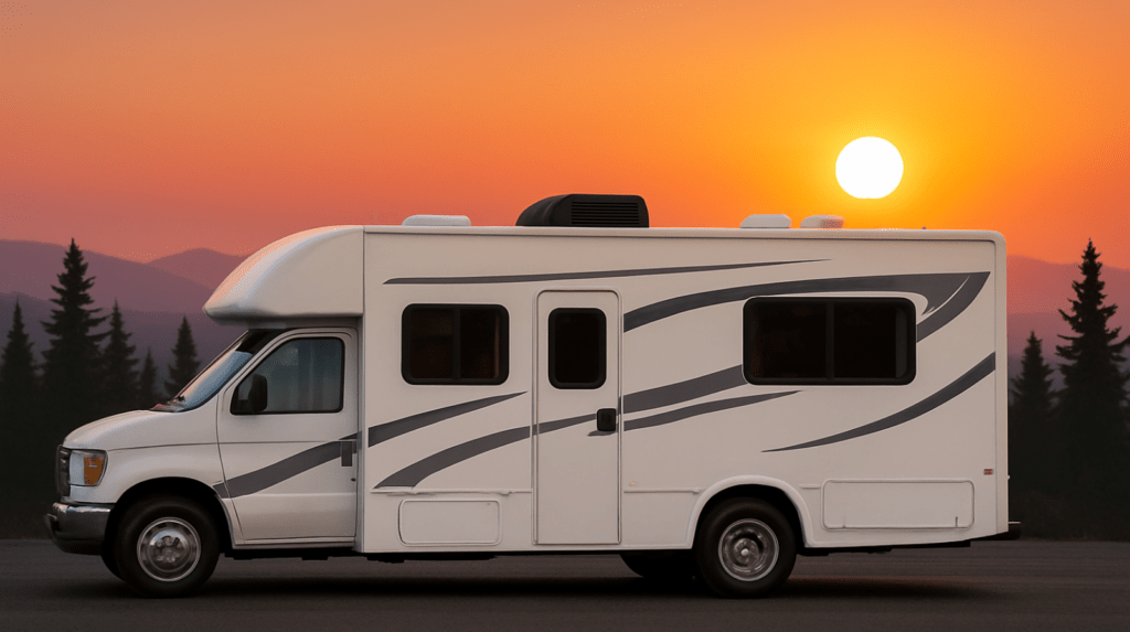 A white camper van parked against a vibrant orange sunset with silhouetted trees in the background, showcasing a serene travel or adventure scene.